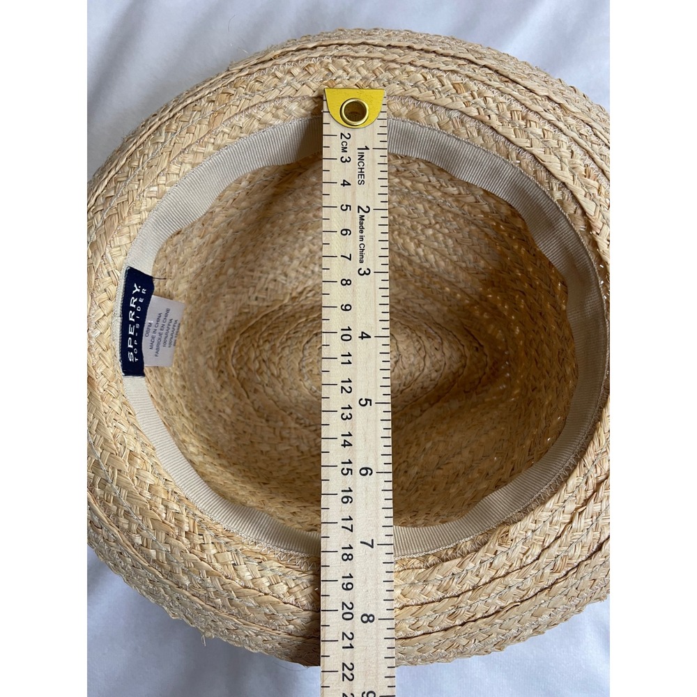 Sperry Top-Sider Womens Straw Fedora Hat Tan Blue Striped Raffia Sun Hat 5H187 - Picture 8 of 11